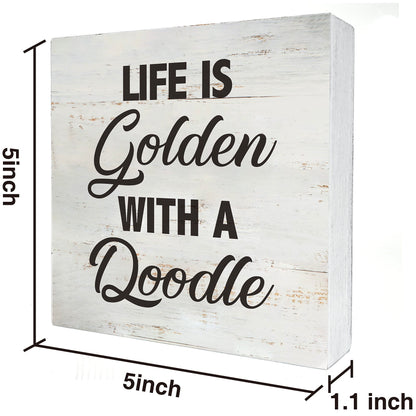 MAVOTEN Dog Quote Life is Golden with a Doodle Wood Box Sign Rusitc Pet Wooden Box Sign Farmhouse Home Living Room Desk Shelf Decor (5 X 5 Inch)