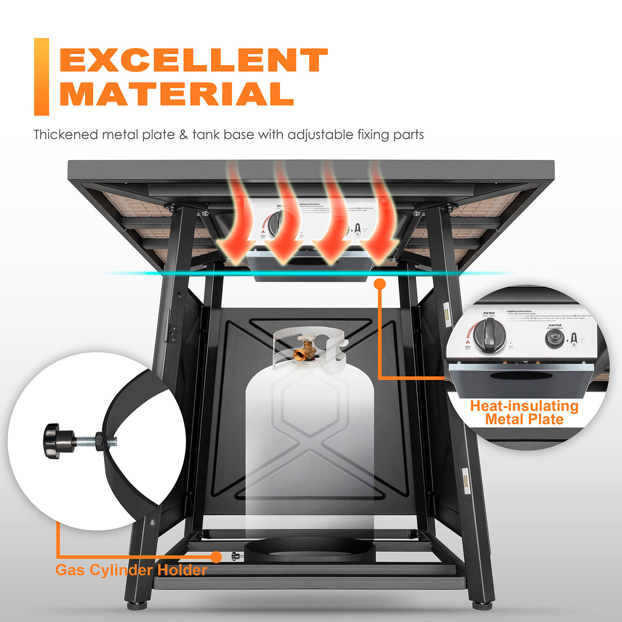 NUU GARDEN 5-Piece Patio Furniture Set with Fire Pit Table, 28'' 50,000 BTU Propane Gas Cabinet Fire Pit Table with Cover and 4 Dining Swivel Chairs with Padded Cushions, Black and Beige NUU GARDEN