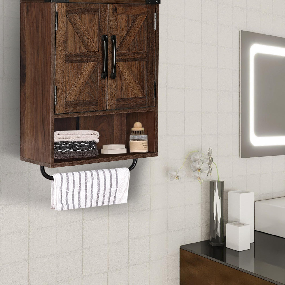 RUSTOWN Farmhouse Wall Storage Cabinet with Two Barn Door, Rustic Mounted Medicine Cabinet with Adjustable Shelf and Towel Bar, 3-Tier Wood Cabinet for Kitchen, Bathroom, Living Room (Dark Walnut) RUSTOWN