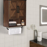 RUSTOWN Farmhouse Wall Storage Cabinet with Two Barn Door, Rustic Mounted Medicine Cabinet with Adjustable Shelf and Towel Bar, 3-Tier Wood Cabinet for Kitchen, Bathroom, Living Room (Dark Walnut) RUSTOWN