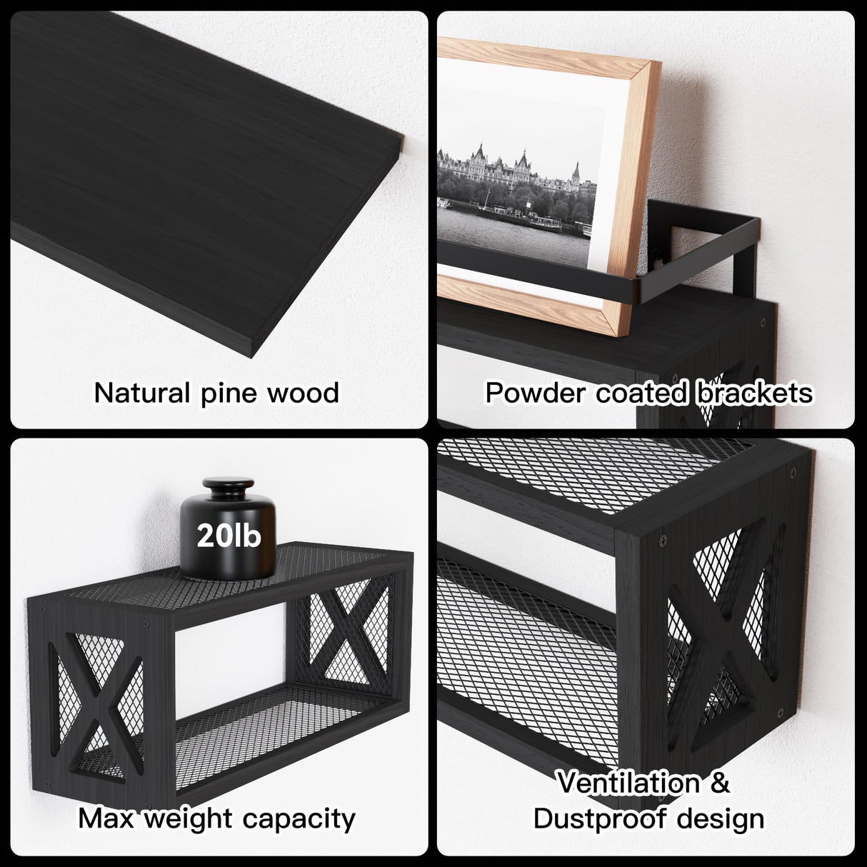 RICHER HOUSE Floating Shelves with Guardrail, Rustic Wood Shelves for Wall Décor, Farmhouse Bathroom Accessories Wall Mounted, Bathroom Wall Organizer over Toilet Storage, Kitchen, Living Room - Black RICHER HOUSE