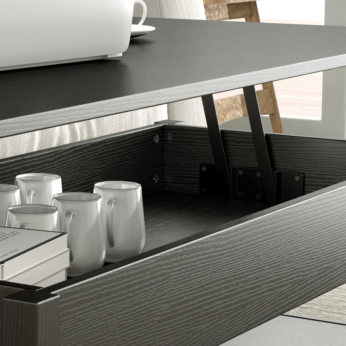 Panana Coffee Table, Lift Top Coffee Table with Hidden Compartment, 2 Drawers and 1 Open Shelf, Retro Central Wooden Table Lift Tabletop for Living Room (Black) Panana