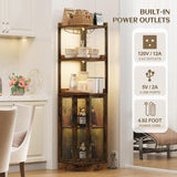EOYUTLLY Corner Bar Cabinet With Power Outlet and LED Strip, 65" H 5-Tier Liquor Wine Display for Home, Storage Solution for Living Room, Kitchen, Home Bar, Brown EOYUTLLY