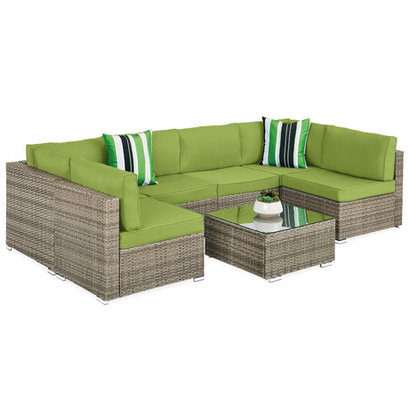 Best Choice Products 7-Piece Modular Outdoor Sectional Wicker Patio Conversation Set w/ 2 Pillows, Coffee Table, Cover Included - Taupe/Pistachio Best Choice Products