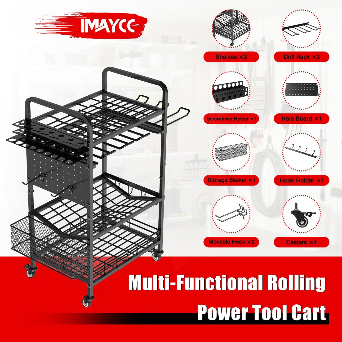 IMAYCC Power Tool Organizer Garage Storage 6 Drill Tool Holder Rack Rolling Tool Cart on Wheels 3 Tier Heavy Duty Metal Shelving for Drill Workshop Garage Organization Gift for Men Dad