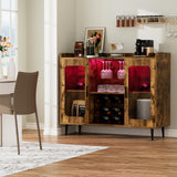 Hyomdeck Rustic Brown Liquor Cabinet with LED Lighting, Power Outlet & Versatile Storage Solutions Hyomdeck