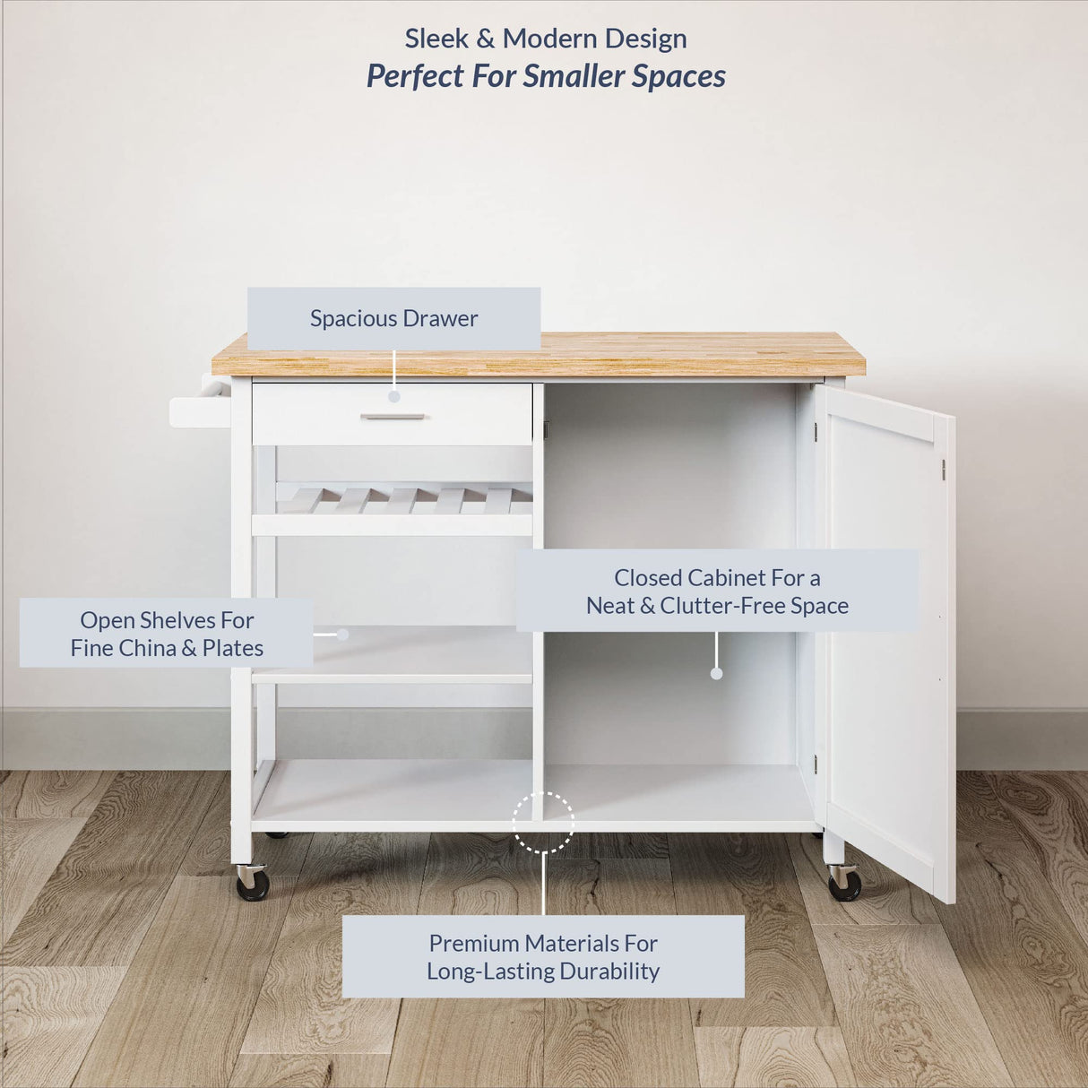 BELLEZE Modern Rolling Kitchen Island Utility Cart with a Drawer, Storage Cabinet, Handle Towel Rack, Rubber Wood Top, and Caster Wheels - Sonoma (White) BELLEZE