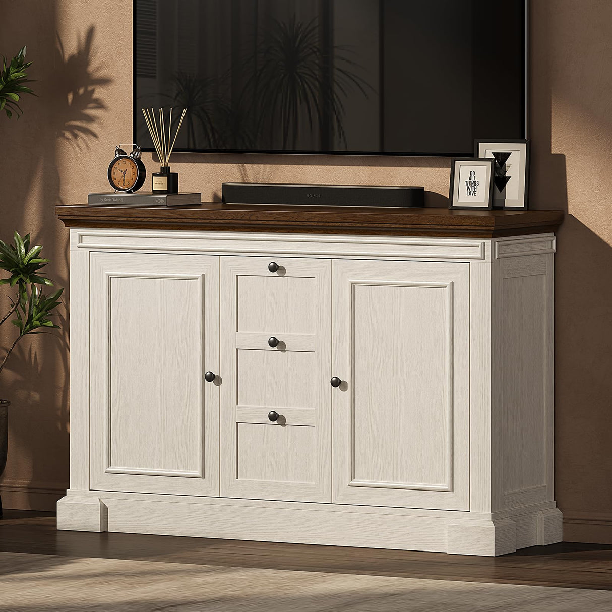 48 Inches Buffet Cabinet with Storage, 34" Tall Farmhouse Sideboard Buffet with 3 Drawers and 2 Doors, Wood Coffee Bar Cabinet with Adjustable Shelves, Credenza for Kitchen, Living Room, Antique White ONBRILL