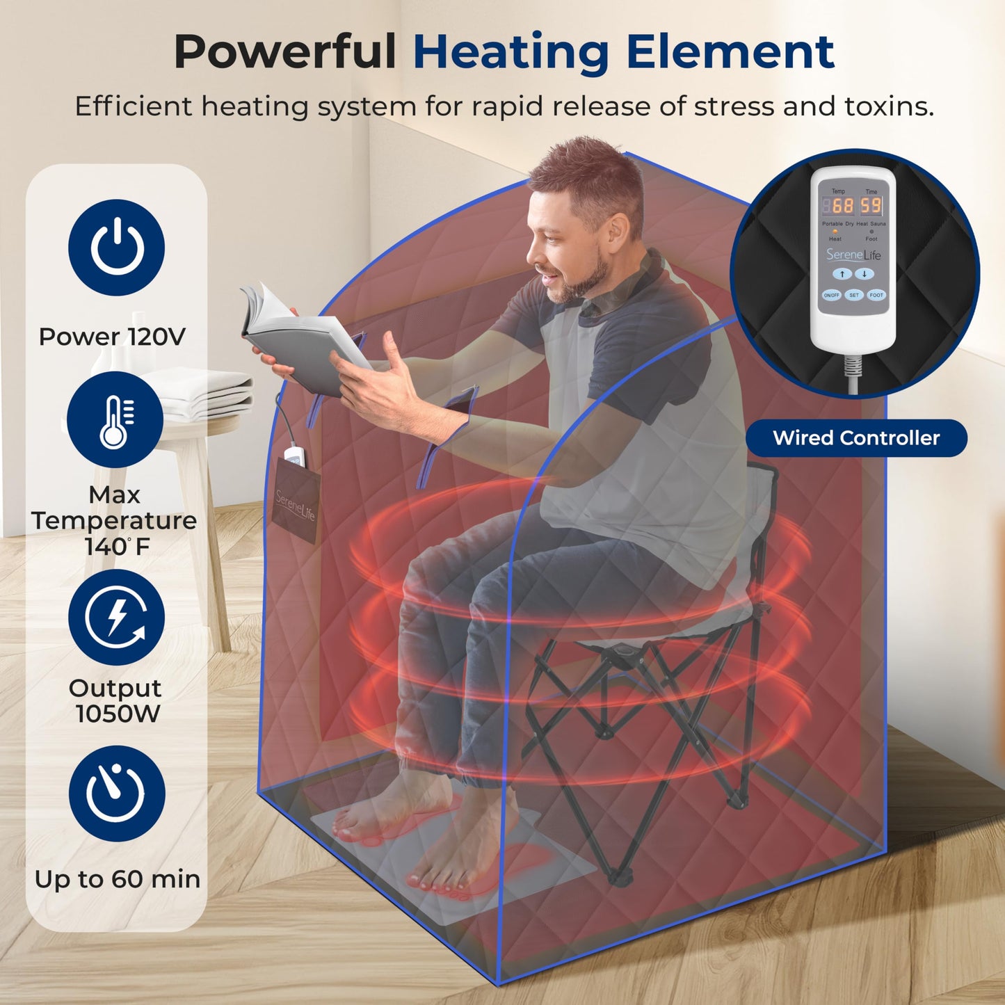 SereneLife Portable Sauna for Home, Infrared Sauna Tent with Heated Foot Pad and Folding Chair, Compact Personal Detox Sauna, Remote Control In-Home Spa, 40" x 33" - inch (Black)