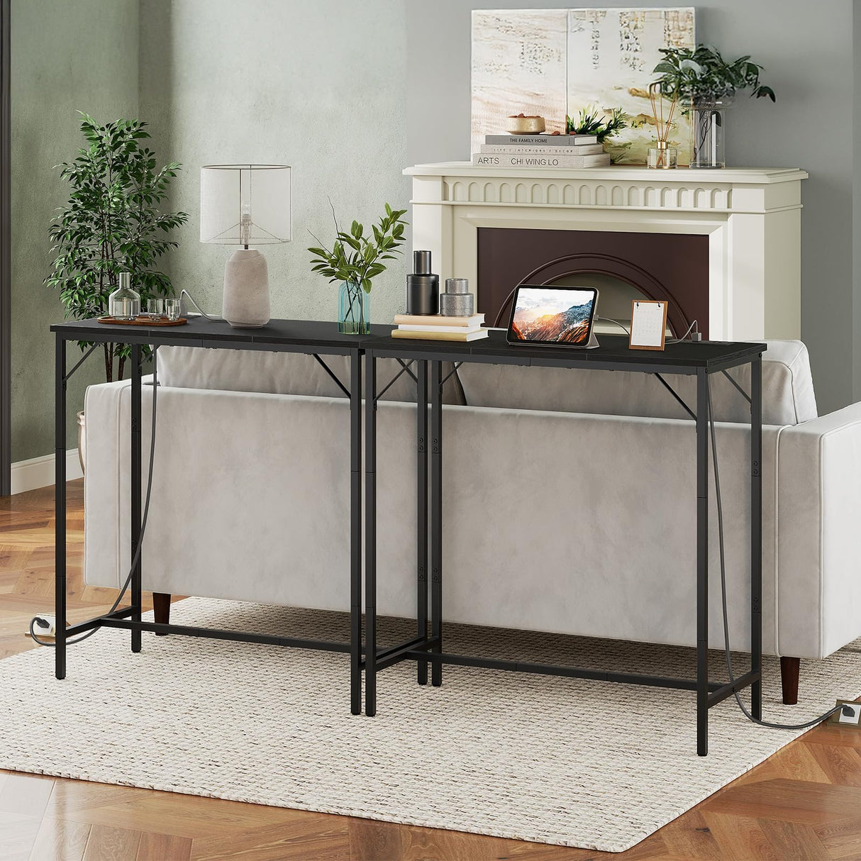 HOOBRO Bar Table with Charging Station, Rectangular Pub Table, High Top Coffee Table, Counter Bar Height Table, Narrow Long Dining Table, 35.4" L x 15.7" W x 35.6" H, Black BB90UBT01N1 HOOBRO