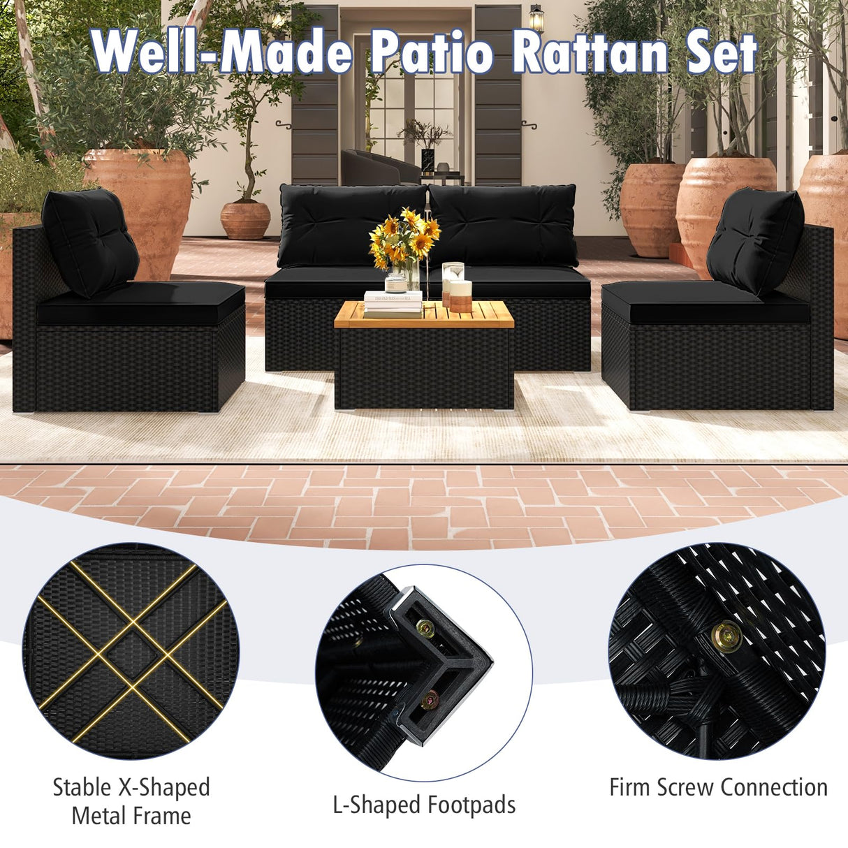 RELAX4LIFE 5-Piece Wicker Outdoor Furniture - PE Rattan Sectional Conversation Set w/4 Armless Sofas & Acacia Wood Coffee Table, Cushioned Patio Sofa Set for Garden Poolside Backyard Porch (Black) RELAX4LIFE