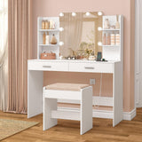 FIONESO Vanity Desk, Makeup Vanity Desk with Mirror & Lights, Vanity Desk with 2 Drawers & 6 Storage Shelves, Dressing Table with Power Outlet, for Women Girls, Bedroom, White FIONESO