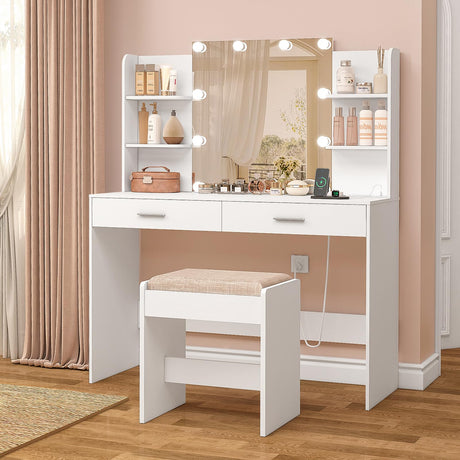 FIONESO Vanity Desk, Makeup Vanity Desk with Mirror & Lights, Vanity Desk with 2 Drawers & 6 Storage Shelves, Dressing Table with Power Outlet, for Women Girls, Bedroom, White FIONESO