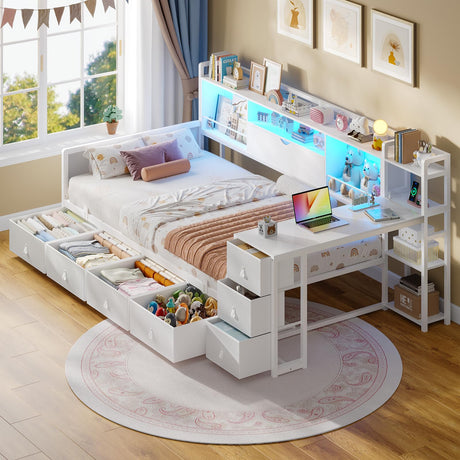 ADORNEVE Twin Corner Bed Frame with 7 Drawers, Desk & Bookcase Storage, Metal Platform Daybed with Charging Station and RGB Lights, for Kids Bedroom, No Box Spring Needed, White ADORNEVE