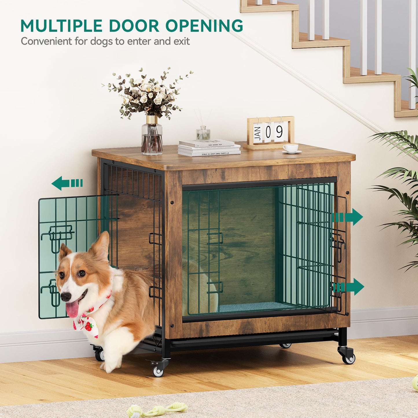 YITAHOME Dog Kennel Furniture with Wheels, Wooden Dog Crate Furniture with Cushion, Dog Crate End Table with Tray, 38" Dog Cage with Double Doors for Small/Medium Dog (Rustic Brown)