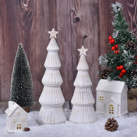 Wooden Christmas Tree Figurines with Removable Star, 2Pcs Distressed White Wood Christmas Trees, Rustic Xmas Centerpieces for Tables, Farmhouse Christmas Decor Indoor (White) Ovootok