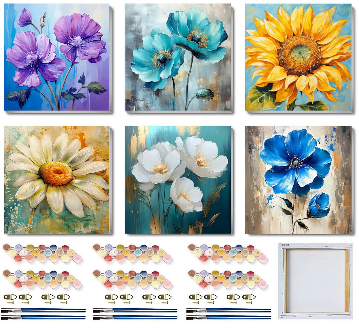 6 Pack Paint by Numbers Kit for Adults/Kids, Easy Framed Adults Paint by Numbers Kits, DIY Simple Flowers Acrylic Oil Painting Number Kits for Home Wall Decor (8 x 8 Inch) SYDYLH