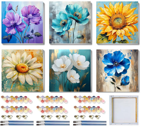 6 Pack Paint by Numbers Kit for Adults/Kids, Easy Framed Adults Paint by Numbers Kits, DIY Simple Flowers Acrylic Oil Painting Number Kits for Home Wall Decor (8 x 8 Inch) SYDYLH