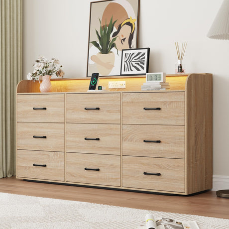 9 Drawers Dresser for Bedroom, 63" Wood Dresser with Power Outlet, LED Lights and Deep Drawers, Wide Chest of Drawers, Modern Minimalist Closet Dresser for Kids Bedroom, Living Room, Nursery, Oak Hlivelood