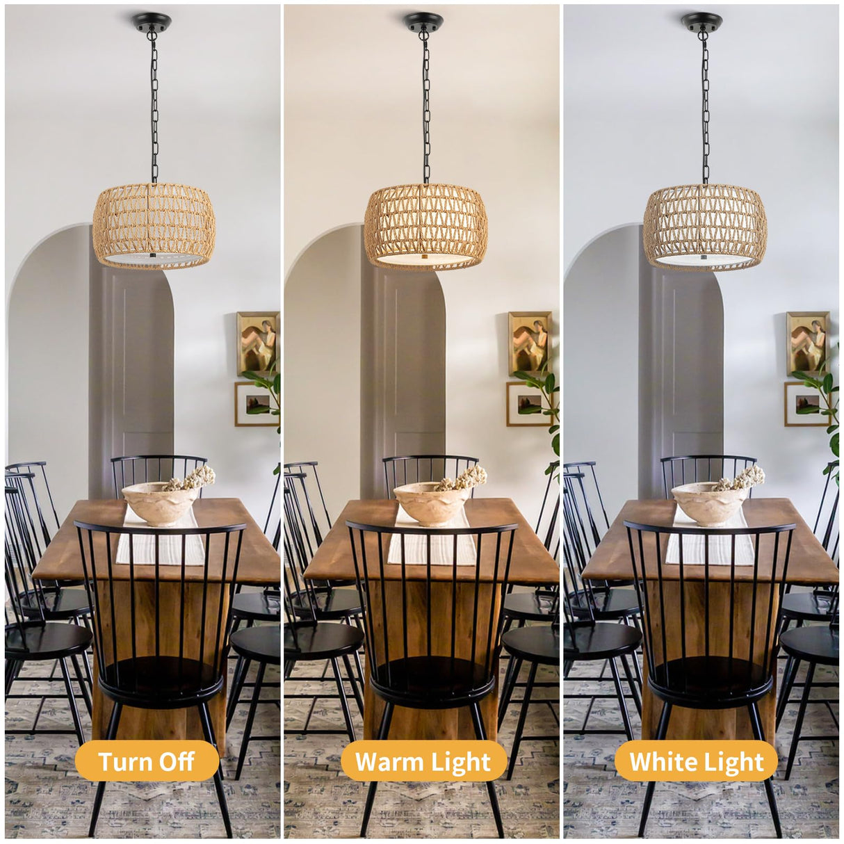 WILON 12.4'' 3-Light Rattan Chandelier with Fabric Shade, Dining Room Light Fixtures Over Table, Modern Boho Pendant Lights Kitchen Island Lighting, Farmhouse Rustic Drum Hanging Lamp with E26 Base WILON