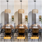 WILON 12.4'' 3-Light Rattan Chandelier with Fabric Shade, Dining Room Light Fixtures Over Table, Modern Boho Pendant Lights Kitchen Island Lighting, Farmhouse Rustic Drum Hanging Lamp with E26 Base WILON