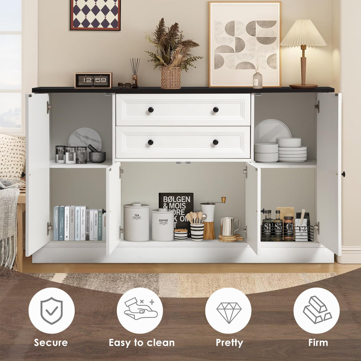 Grepatio 58" Farmhouse Sideboard Buffet Cabinet, Coffee Bar Cabinet with 2 Large Drawers & 4 Grooved Barn Doors, Wood Storage Cabinets for Dinning Room, Kitchen, Living Room, White Grepatio