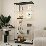 lunhung 5-Shelf Glass Display Cabinet with LED Lights & Lock, 76" H Tempered Glass Wine Cabinet w/ 2 Doors& Wheels, Floor Standing Bookshelf Curio Case for Living Room,Hallway (Black) lunhung