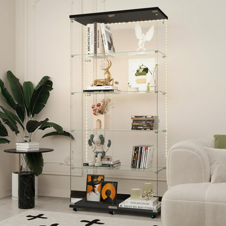 lunhung 5-Shelf Glass Display Cabinet with LED Lights & Lock, 76" H Tempered Glass Wine Cabinet w/ 2 Doors& Wheels, Floor Standing Bookshelf Curio Case for Living Room,Hallway (Black) lunhung