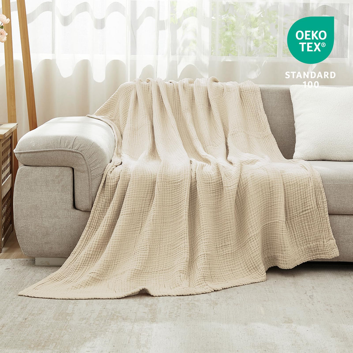 EMME Cotton Throw Blanket Large 50"x70" Gifts for Women 100% Muslin for Couch Breathable Gauze All Season Light Tan Soft and Lightweight Pre-Washed EMME