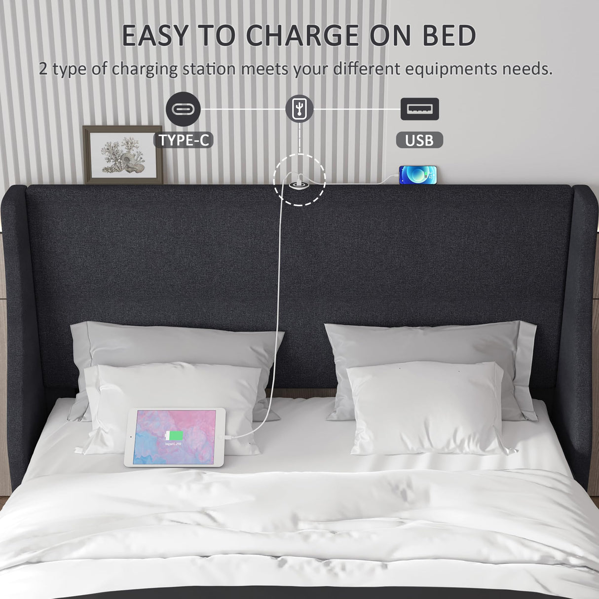 VECELO Queen Bed Frame with Type-C & USB Port, Wingback Headboard, Upholstered Platform Bedframe with Charging Station & Side Pockets, No Box Spring Needed, Grey VECELO