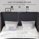 VECELO Queen Bed Frame with Type-C & USB Port, Wingback Headboard, Upholstered Platform Bedframe with Charging Station & Side Pockets, No Box Spring Needed, Grey VECELO
