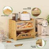 JANSNIMEN Double Layer Bread Box for Kitchen Countertop, Large Breadbox Bread with Windows, Wooden Farmhouse Bread Holder (Natural Bamboo) JANSNIMEN