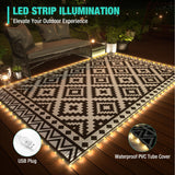 HAUSHOF 5'X8' Outdoor Rug Waterproof with LED Strip Light, Reversible Outdoor Plastic Straw Rug, Patio Rug with 4 Rug Stakes, Outdoor Carpet Mat for RV, Camping, Beach, Porch, Balcony, Black&White HAUSHOF