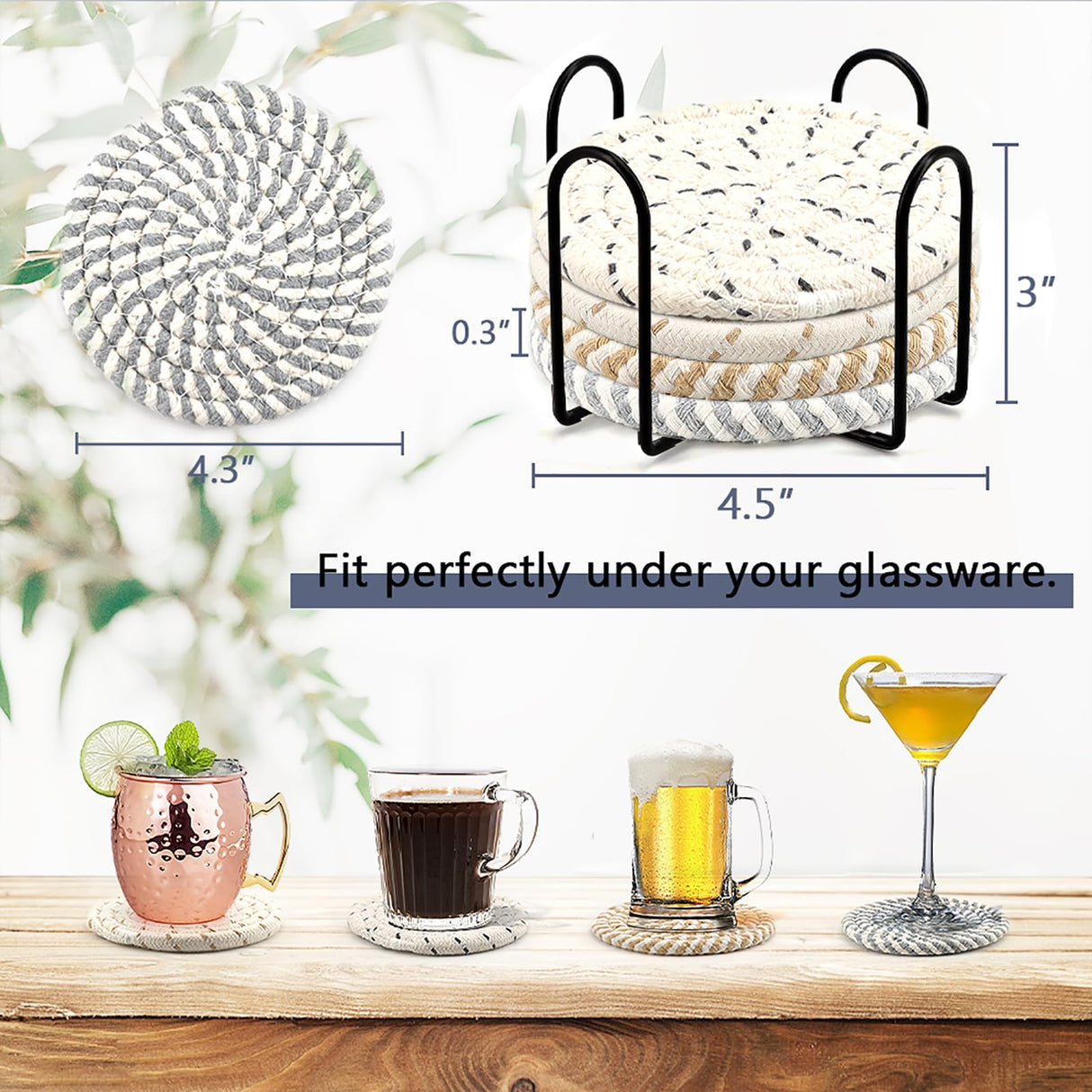 MeltsetM Coasters for Drinks Absorbent Woven Coaster Set with Holder Farmhouse Cute Cloth Fabric Cup Coasters for Coffee Table Office Desk, Handmade Boho Decor Tabletop Protection, 8 Pack Meltset M
