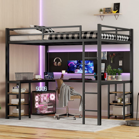 Ibraccieni Full XL Metal Loft Bed with Shelves, Multifunction L Shaped Desk Bed Frame with Ladder and Safety Guardrails, Heavy Duty Loft Bed Frame for Adults, Easy Assembly, Black Ibraccieni