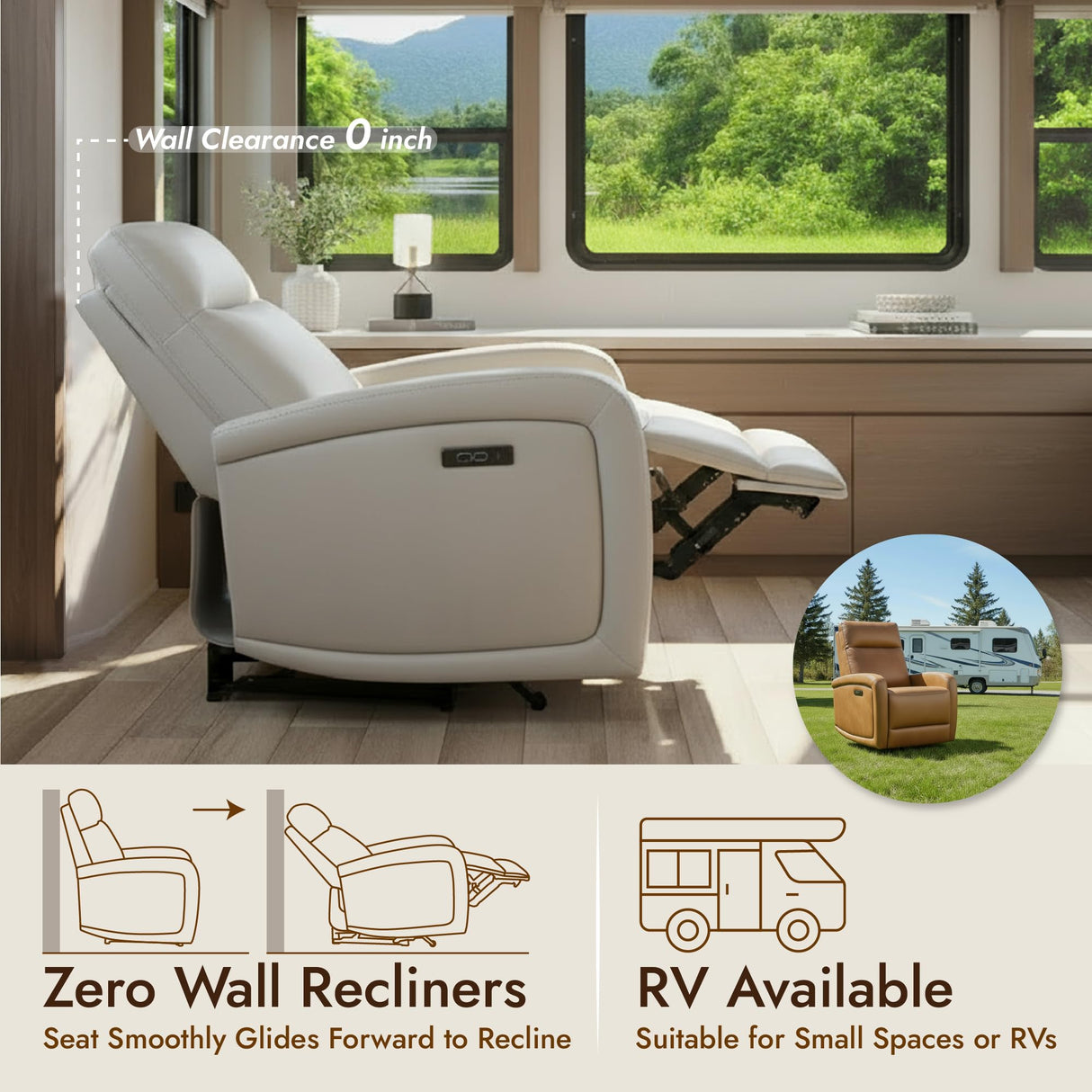 Watson & Whitely Power Recliner Chairs for Adults, Zero Wall Recliners W Power Headrest Type-C Charger, Small Faux Leather RV Recliners Home Theater Seating for Living Room, Cream Watson & Whitely