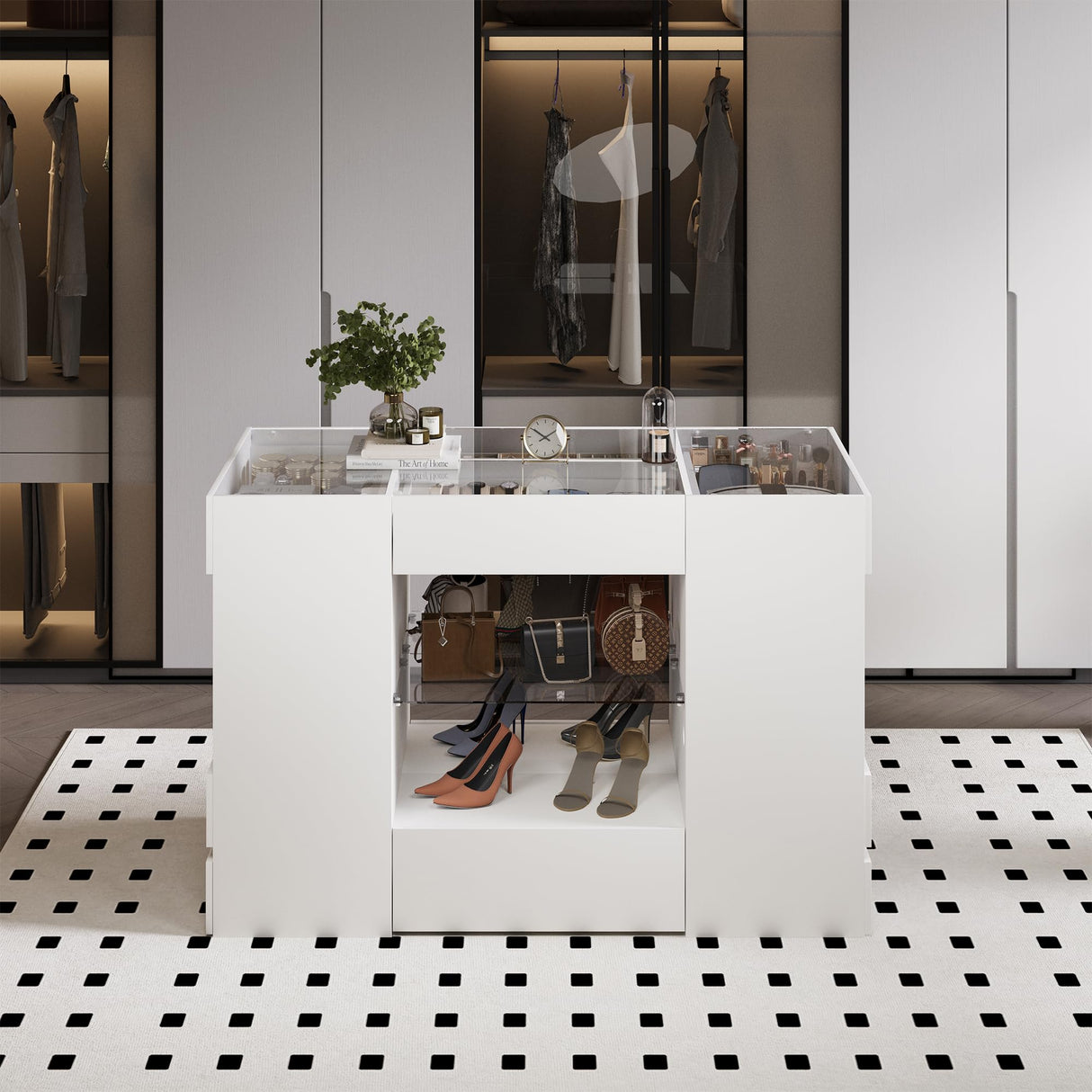 Kikihouse Modern Closet Island with 10 Drawers, LED Wardrobe Armoire Island with Glass Top, Luxury Walk-in Closet Island Storage Cabinet with Display Shelf for Cloakroom, Dressing Room (White) Kikihouse