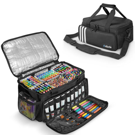 ORKELS Craft Paint and Marker Organizer, Acrylic Paint Storage Bag with Brush and Bottle Holders, Large Marker Carrying Case for Artists (Black) ORKELS