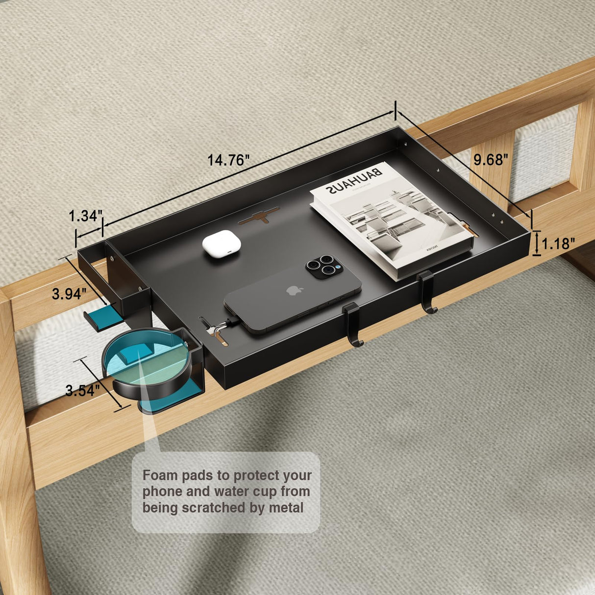 Magheo Bedside Shelf Metal,Bunk Bed Table Shelf for Top Bunk Heavy Duty Clip On Bed Side Table Tray for College Dorm Room,Loft Nightstand Organizer Tray with Removable Cup Holder & Phone Holder(Black) Magheo