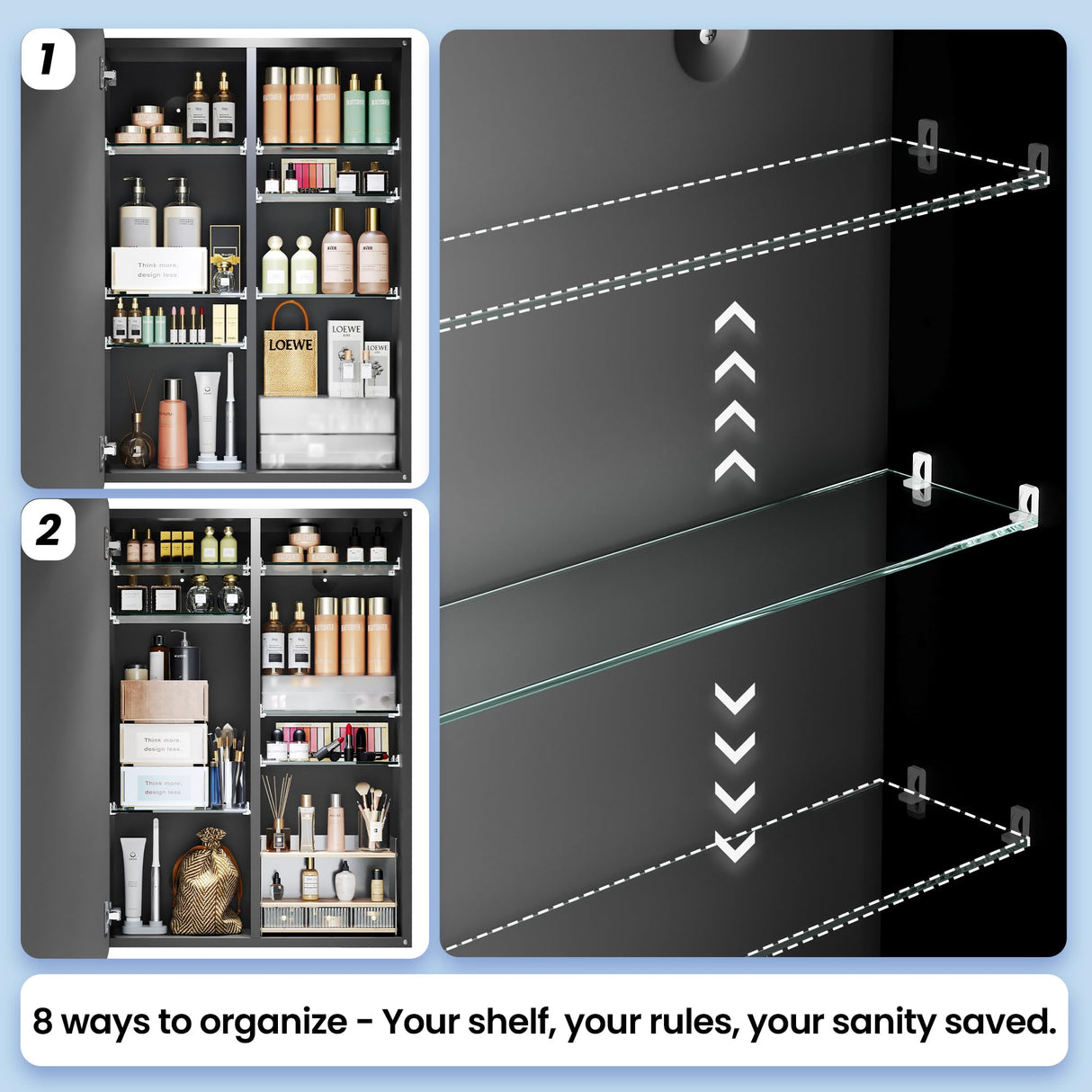 Black Medicine Cabinet with Mirror for Bathroom: 16 x 20 Inch Small Mirrored Vanity Storage with Adjustable Shelves - Surface or Recessed Wall Mount - Matte Black Frame MemoCastle