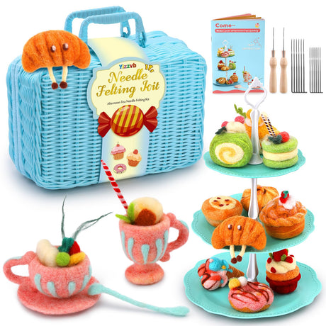 Yizzvb Needle Felting Kit, 13 PCS Dessert Needle Felting Starter Kit for Beginners, Complete Wool Felting Set with Wool Roving, Foam Pad, 20 Needles, Cake Stand & Instructions for DIY Craft Home Decor Yizzvb