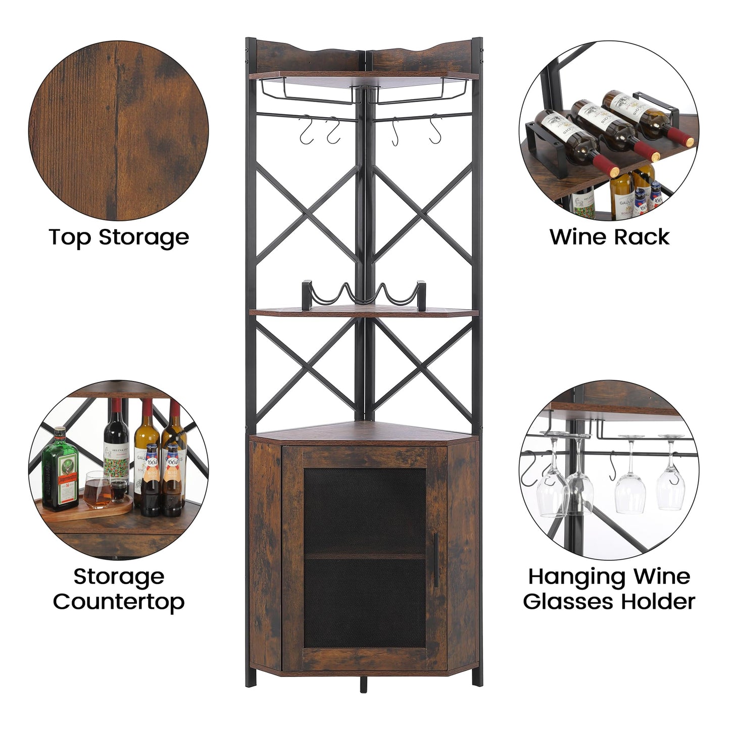 Corner Bar Cabinet, 5-Tiers Home Corner Wine Cabinet, Liquor Cabinet Bar with Glass & Wine Holder for Living Room/Kitchen