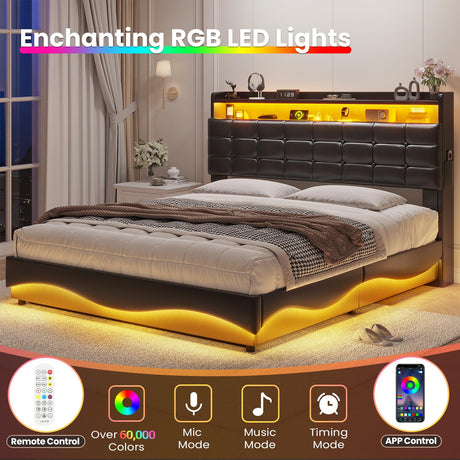 ADORNEVE Lift Up Storage Queen Bed Frame with Type-C Charging Station& Hidden Storage Headboard, LED Lights Upholstered Platform Bed,Queen Bed with Hydraulic, No Box Spring Needed,Black ADORNEVE