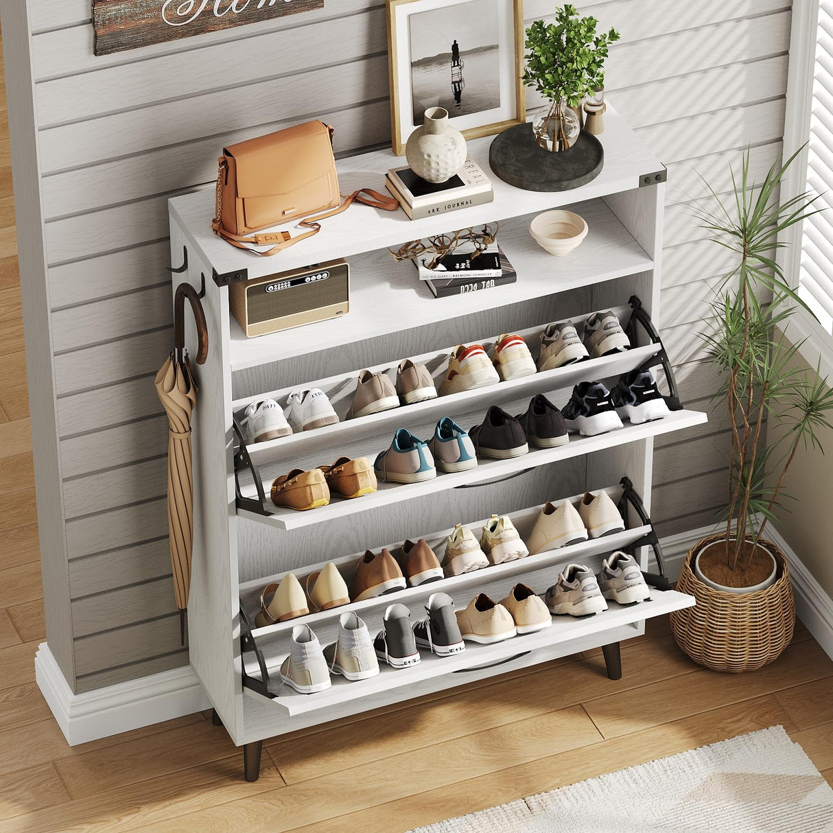 Vabches Shoe Storage Cabinet with 2 Flip Drawers,Freestanding Narrow Shoe Organizer with Open Storage,Hidden Slim Organizer Rack for Entryway,Hallway,White Vabches