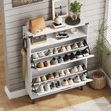 Vabches Shoe Storage Cabinet with 2 Flip Drawers,Freestanding Narrow Shoe Organizer with Open Storage,Hidden Slim Organizer Rack for Entryway,Hallway,White Vabches