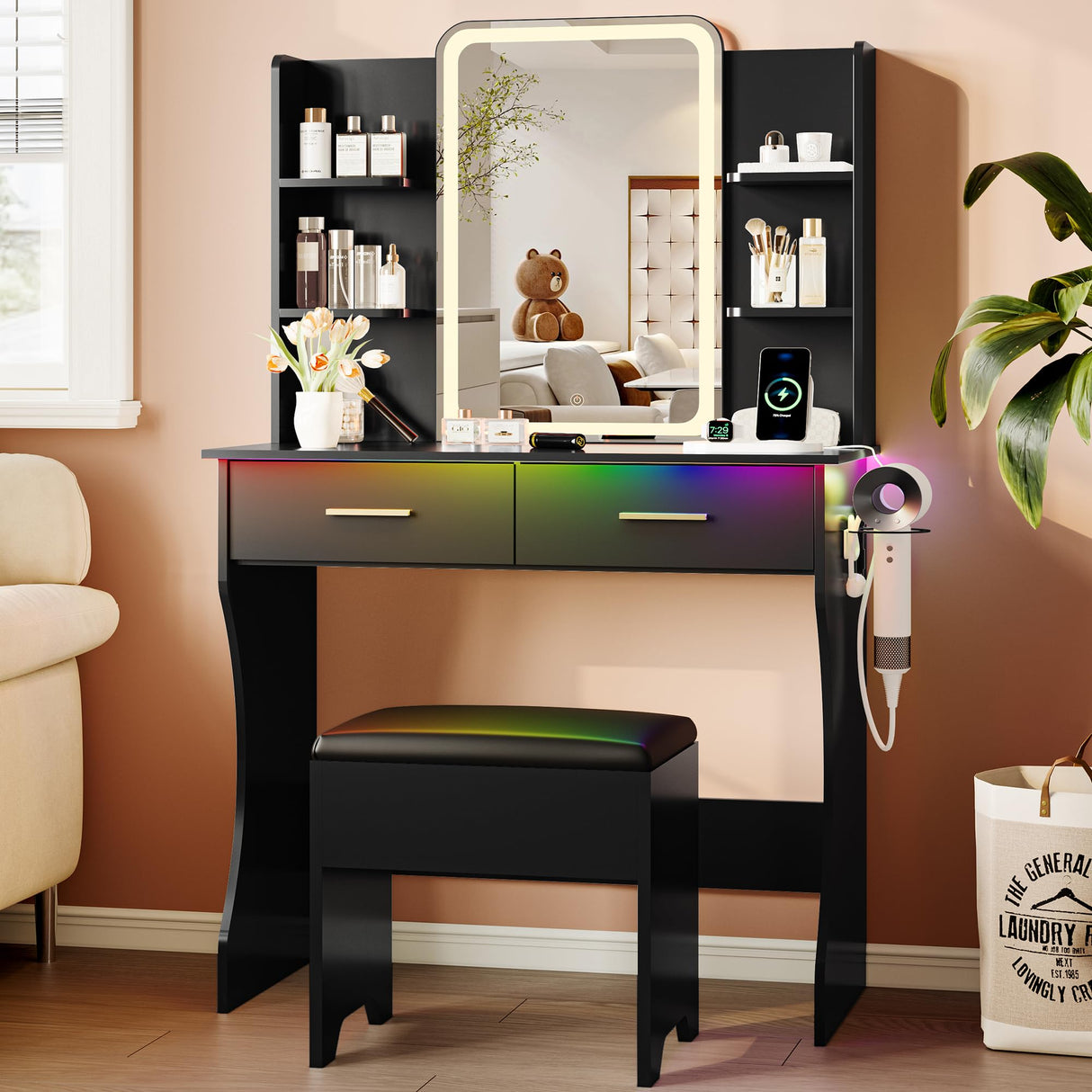 Vanity Desk with LED Lights Mirror & Power Outlet, Small Makeup Vanity Table Set with Storage Drawers & Chair, 3 Lighting Modes & Adjustable Brightness, Dressing Table for Women Girls Bedroom, Black Xixini