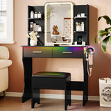 Vanity Desk with LED Lights Mirror & Power Outlet, Small Makeup Vanity Table Set with Storage Drawers & Chair, 3 Lighting Modes & Adjustable Brightness, Dressing Table for Women Girls Bedroom, Black Xixini