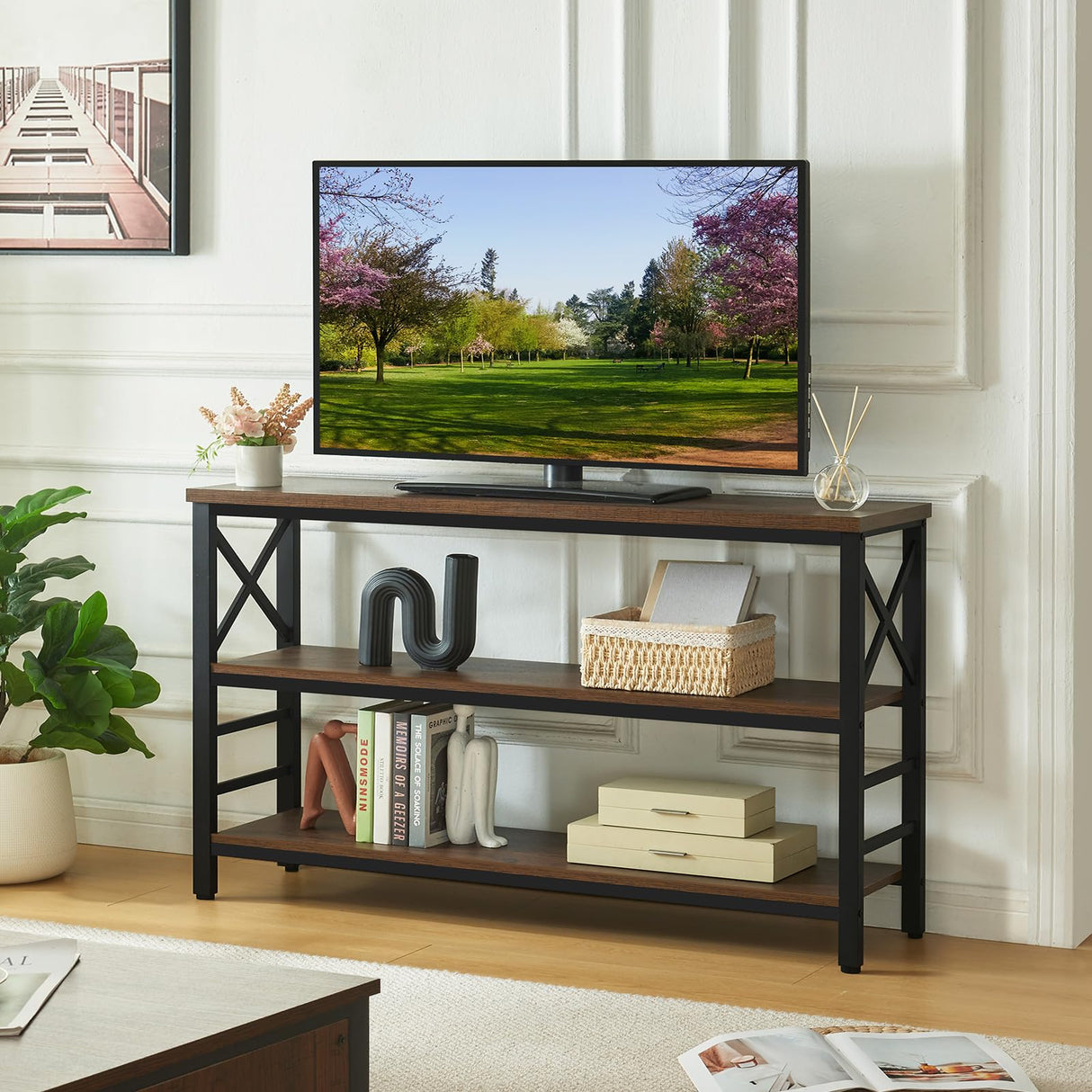 HOMBAZAAR Entryway Console Table,Industrial Console Table with Storage for Entryway,Rustic Sofa Table with 3 Tier Wide Shelf and Metal Frame, Hallway Table for Entryway,Living Room,Brown,55'' HOMBAZAAR