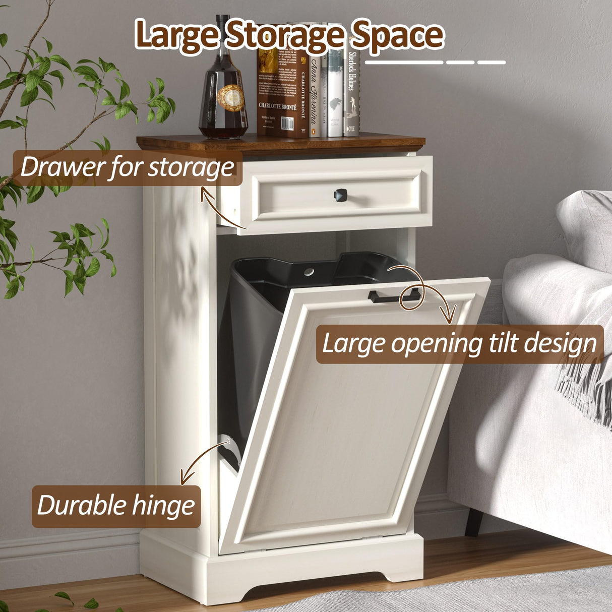 AHB 13 Gallon Tilt Out Trash Cabinet Kitchen Waste Bins, Laundry Hamper Tilt Out Pet Proof Hidden Trash Bin for Kitchen Living Room, Antique White and Brown AHB