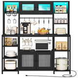 HOOBRO Bakers Rack with Power Outlet and LED Light, 59.1'' Industrial Microwave Stand, Coffee Bar Cabinet with Storage, Goblet Holder & 6-S Hooks, Kitchen Storage Shelf with Cabinet, Black BB17UDHB01 HOOBRO